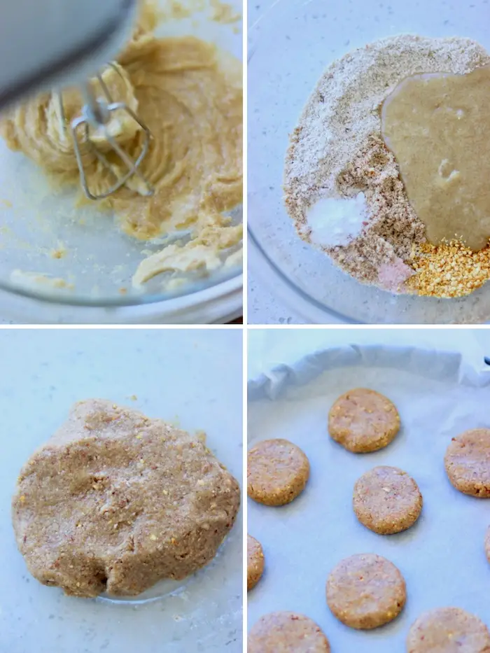 cookie vegano de amêndoas, tahine e laranja sendo preparado em uma vasilha de vidro