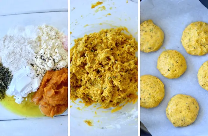 pãozinho de grão de bico e abóbora vegano e sem glúten sendo preparado em uma vasilha de vidro