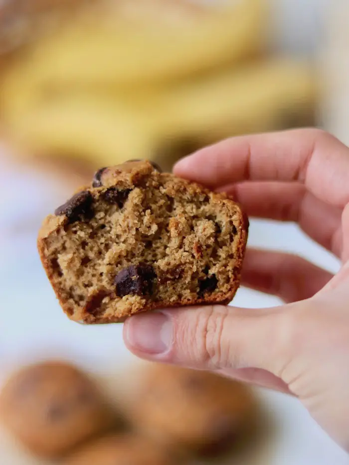 muffin vegano de banana e gotas de chocolate servido em um prato