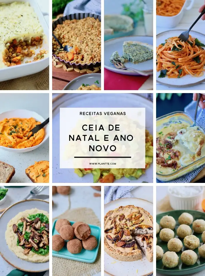 montagem de imagens de pratos da lista de receitas veganas para a ceia de natal e de ano novo