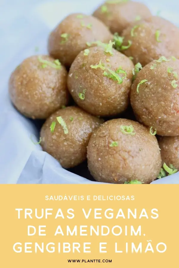 trufas veganas de amendoim, gengibre e limão servidas em uma cumbuca