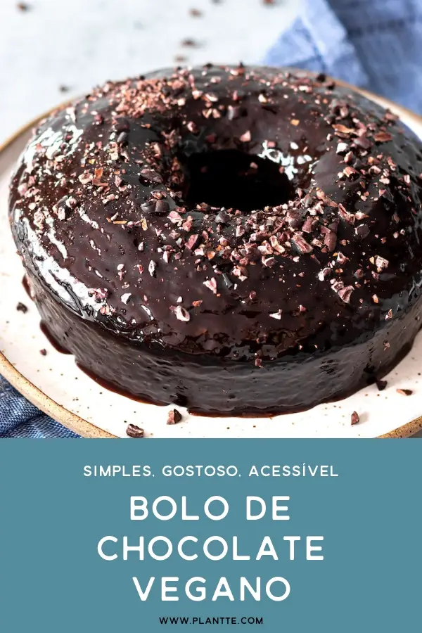 bolo de chocolate vegano simples e fofinho com calda de chocolate e nibs de cacau