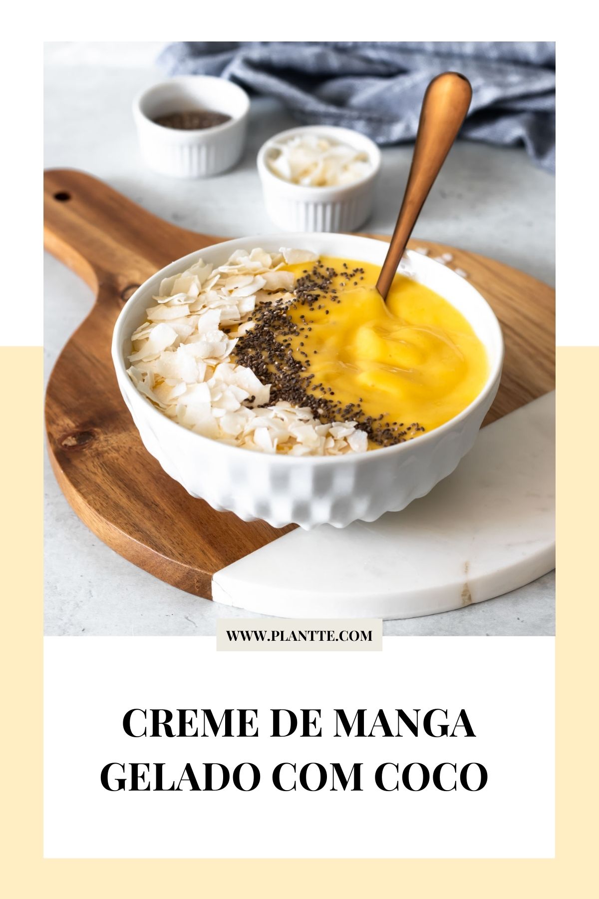 creme de manga gelado com coco servido na tigela