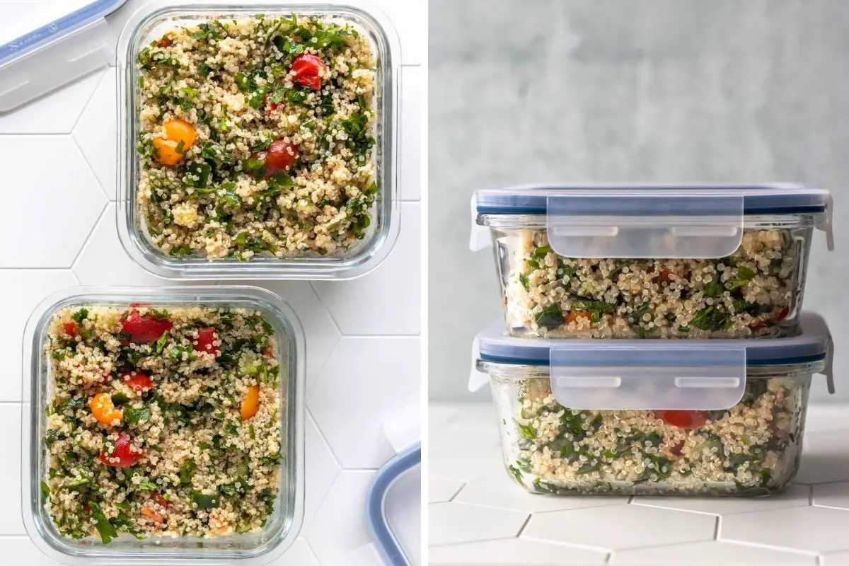 tabule de quinoa armazenado em pote de vidro