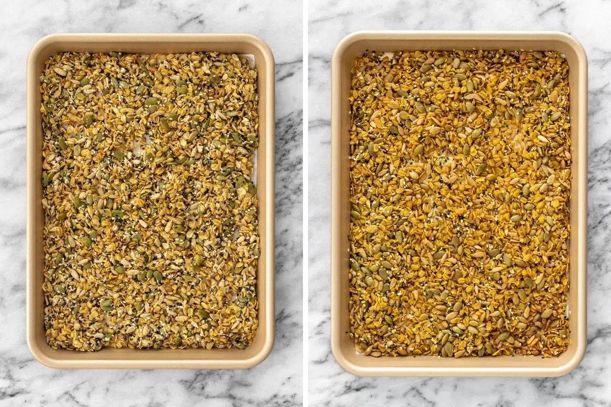 granola salgada na assadeira antes e depois de assar