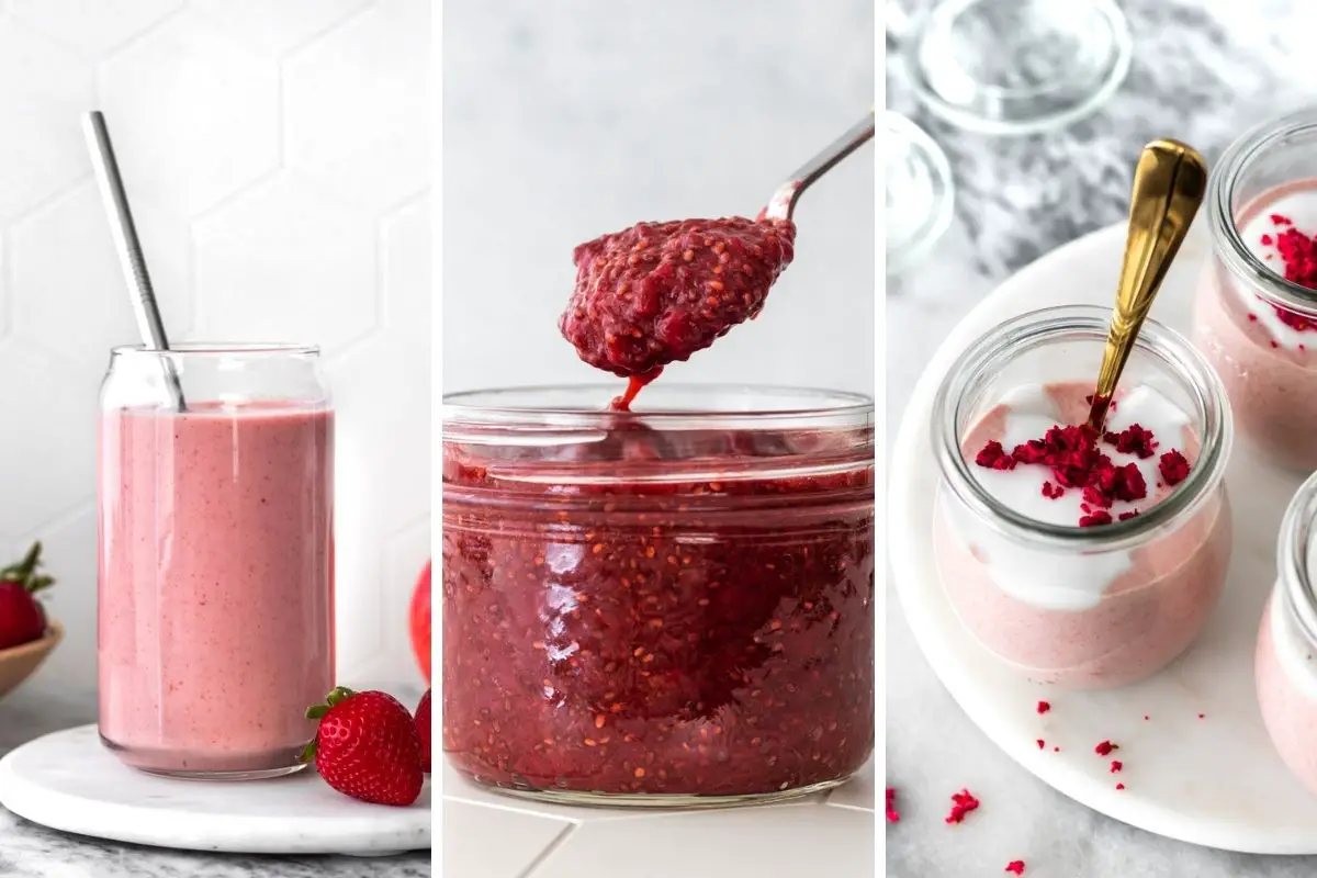 montagem com três fotos lado a lado: vitamina de morango, geleia de morango com chia e creme de aveia com morango