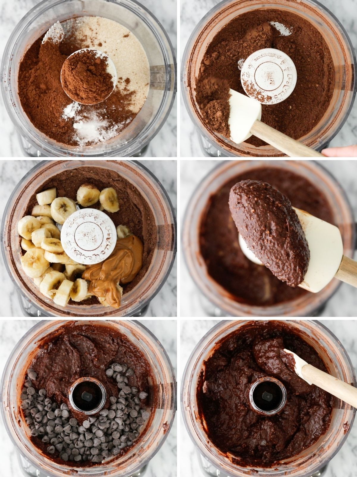 montagem com seis imagens mostrando o processo de fazer brownie de banana com pasta de amendoim no processador de alimentos