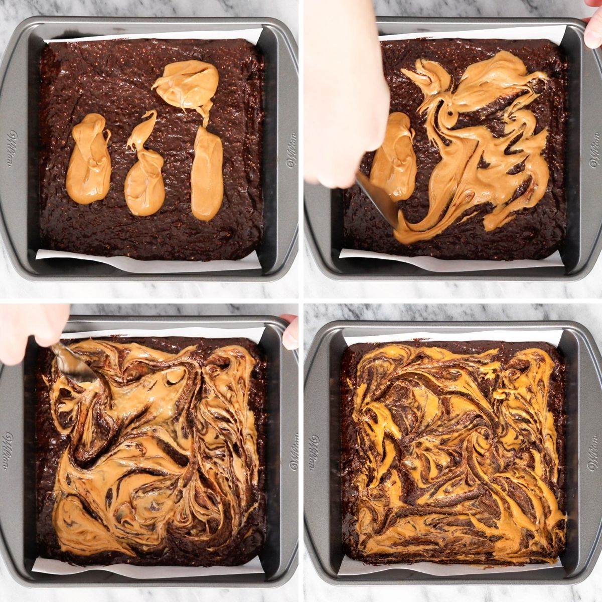 montagem com quatro imagens mostrando como passar pasta de amendoim no brownie de banana antes de assar