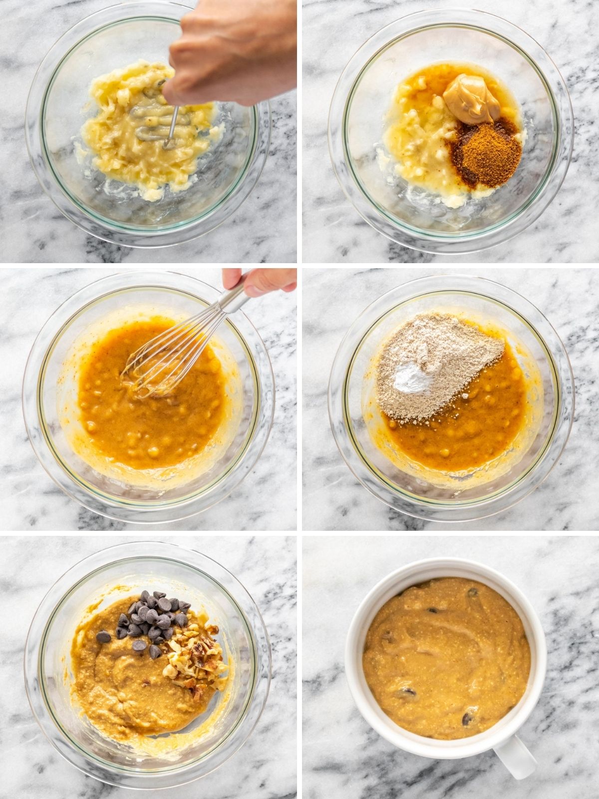 montagem com seis imagens mostrando o passo a passo para misturar os ingredientes para fazer bolo de caneca de banana