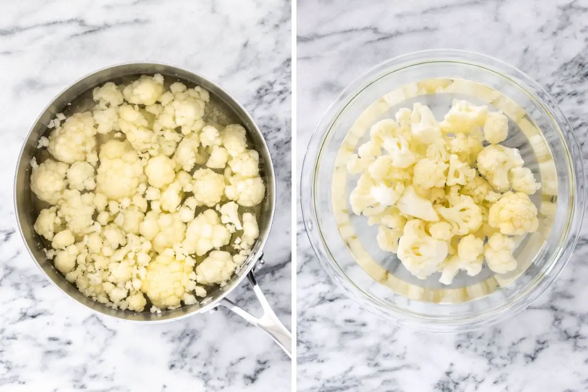 montagem com duas imagens: floretes de couve-flor em uma panela com água quente (primeira), floretes de couve-flor em uma vasilha com água gelada (segunda)