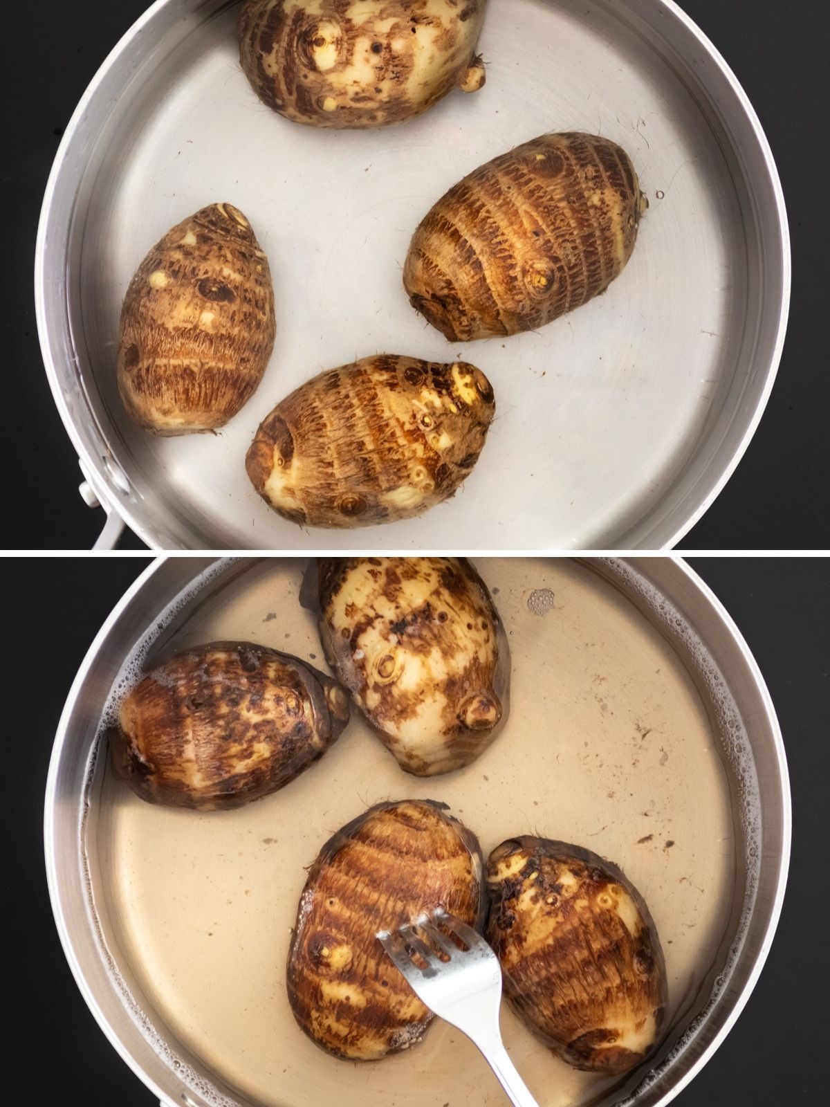 quatro inhames pequenos sendo cozidos em uma panela