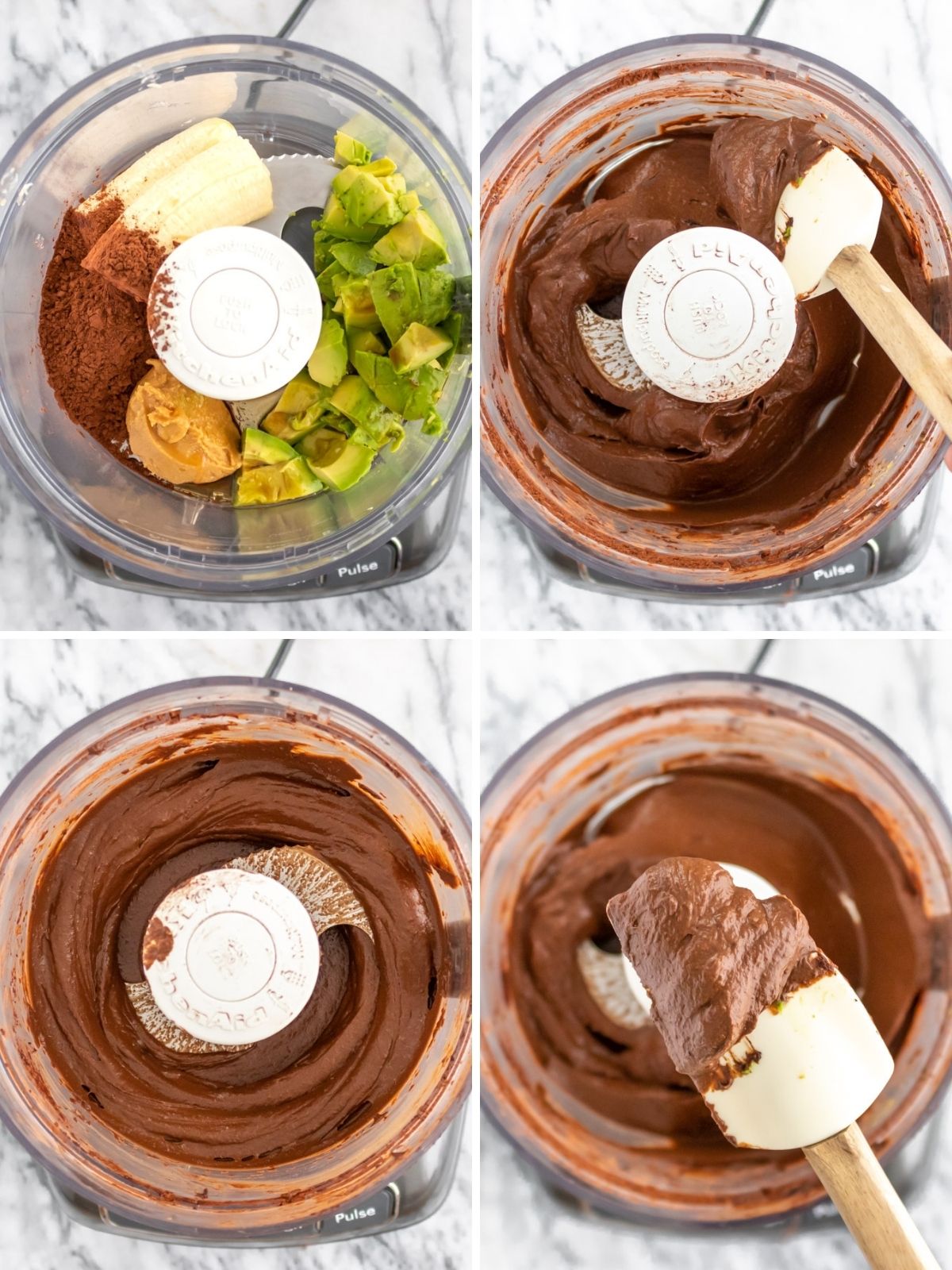 montagem com quatro imagens mostrando o processo de fazer mousse de abacate com cacau no processador de alimentos, sendo que a primeira mostra os ingredientes inteiros dentro do copo do processador e, as outras, o doce finalizado