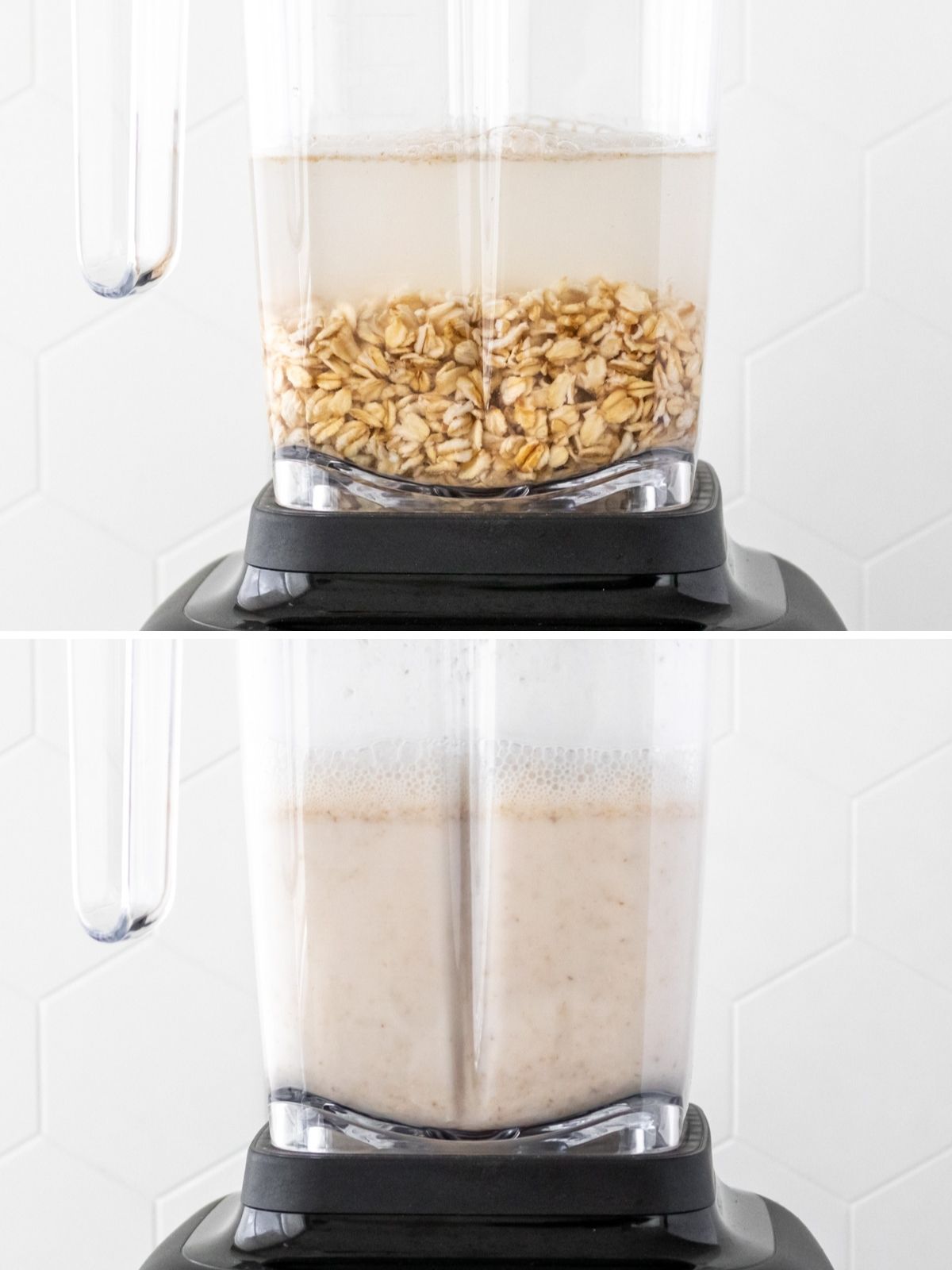 montagem com duas imagens: aveia em flocos e água dentro do copo do liquidificador (acima), aveia e água batidos dentro do copo do liquidificador (abaixo)