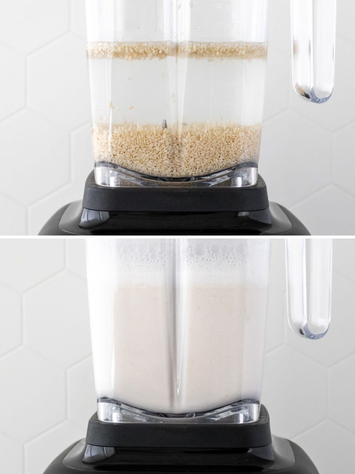 montagem com duas imagens: sementes de gergelim e água dentro do copo do liquidificador (acima), sementes de gergelim e água batidos dentro do copo do liquidificador (abaixo)
