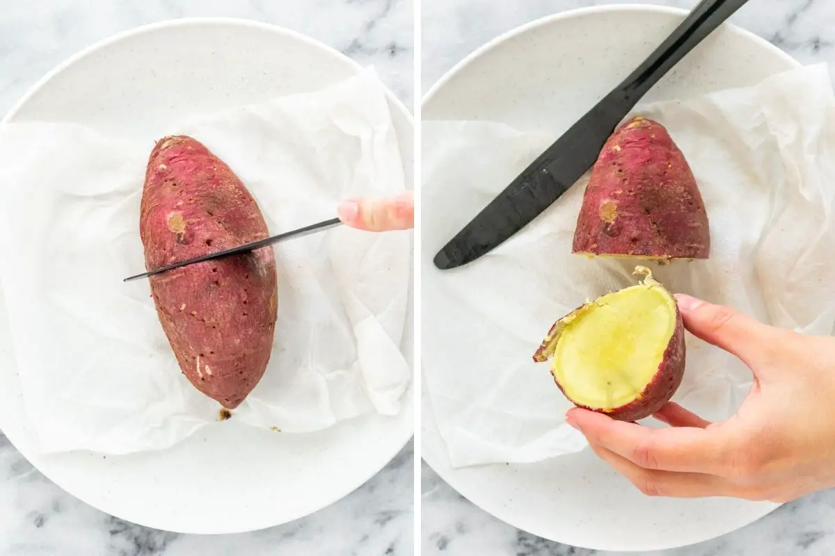faca sendo inserida em uma batata-doce recém cozida no micro-ondas