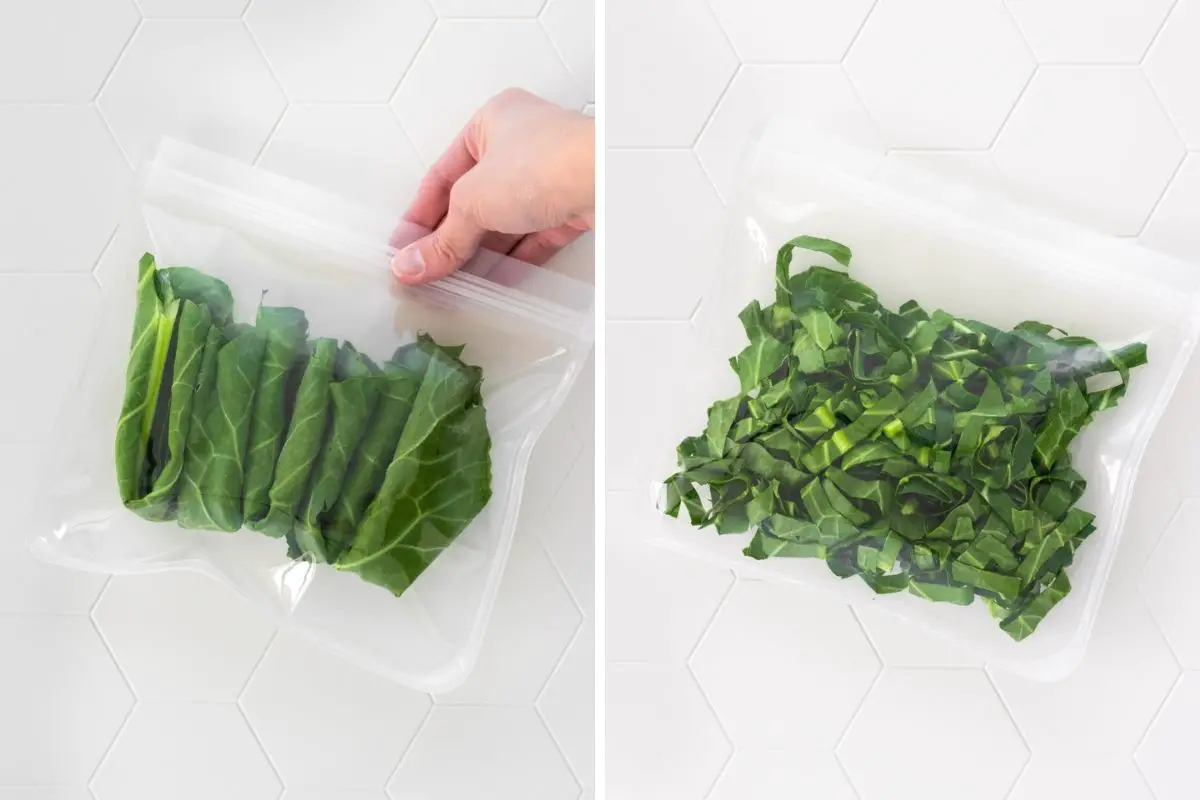 folhas de couve enrolada e couve picada armazenadas cruas em um saco de silicone
