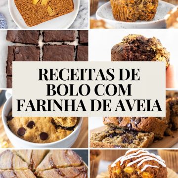 montagem com oito imagens mostrando diferentes bolos preparados com farinha de aveia