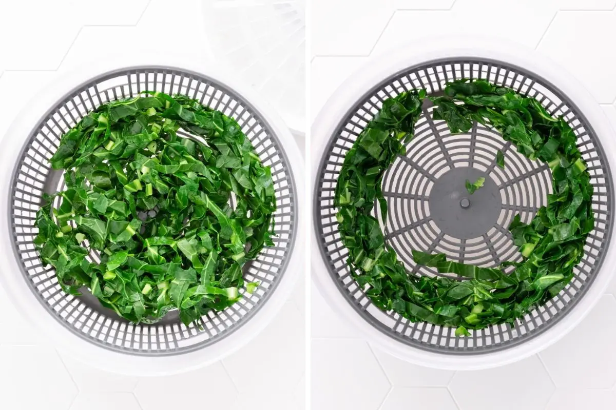 couve picada e branqueada na secadora de saladas para retirar o excesso de umidade