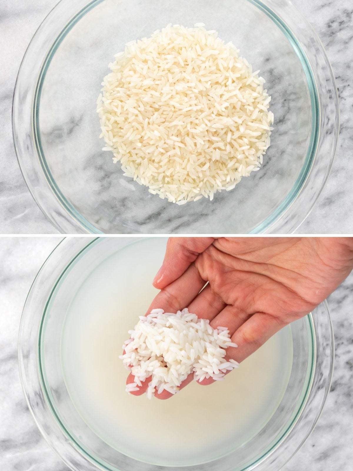 montagem com duas imagens: arroz branco dentro de uma vasilha (acima), arroz branco demolhado em água em uma vasilha (abaixo)