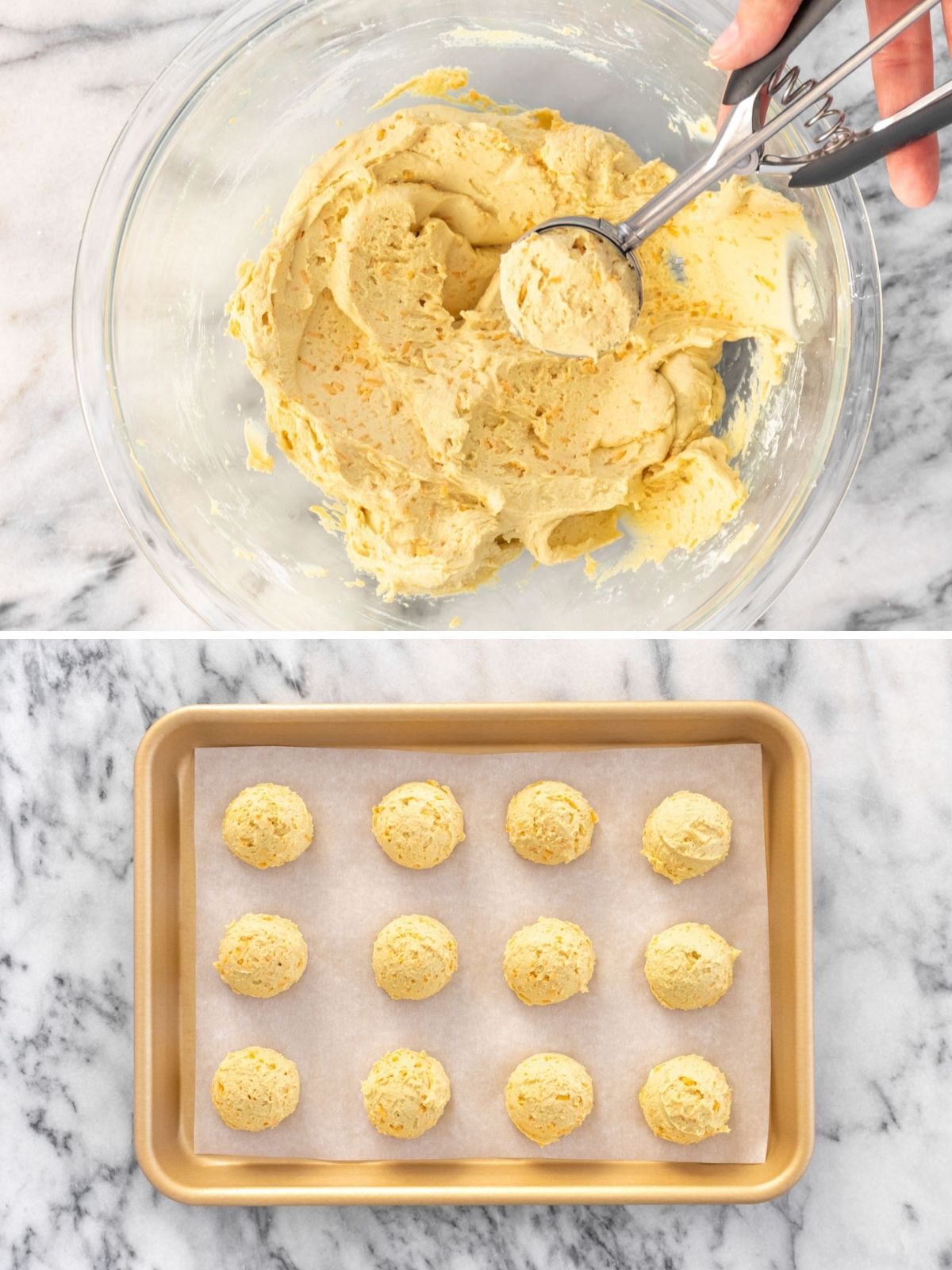 duas imagens: vasilha com massa de pão de queijo vegano (acima), assadeira com bolinhas de pão de queijo vegano antes de assar (abaixo)