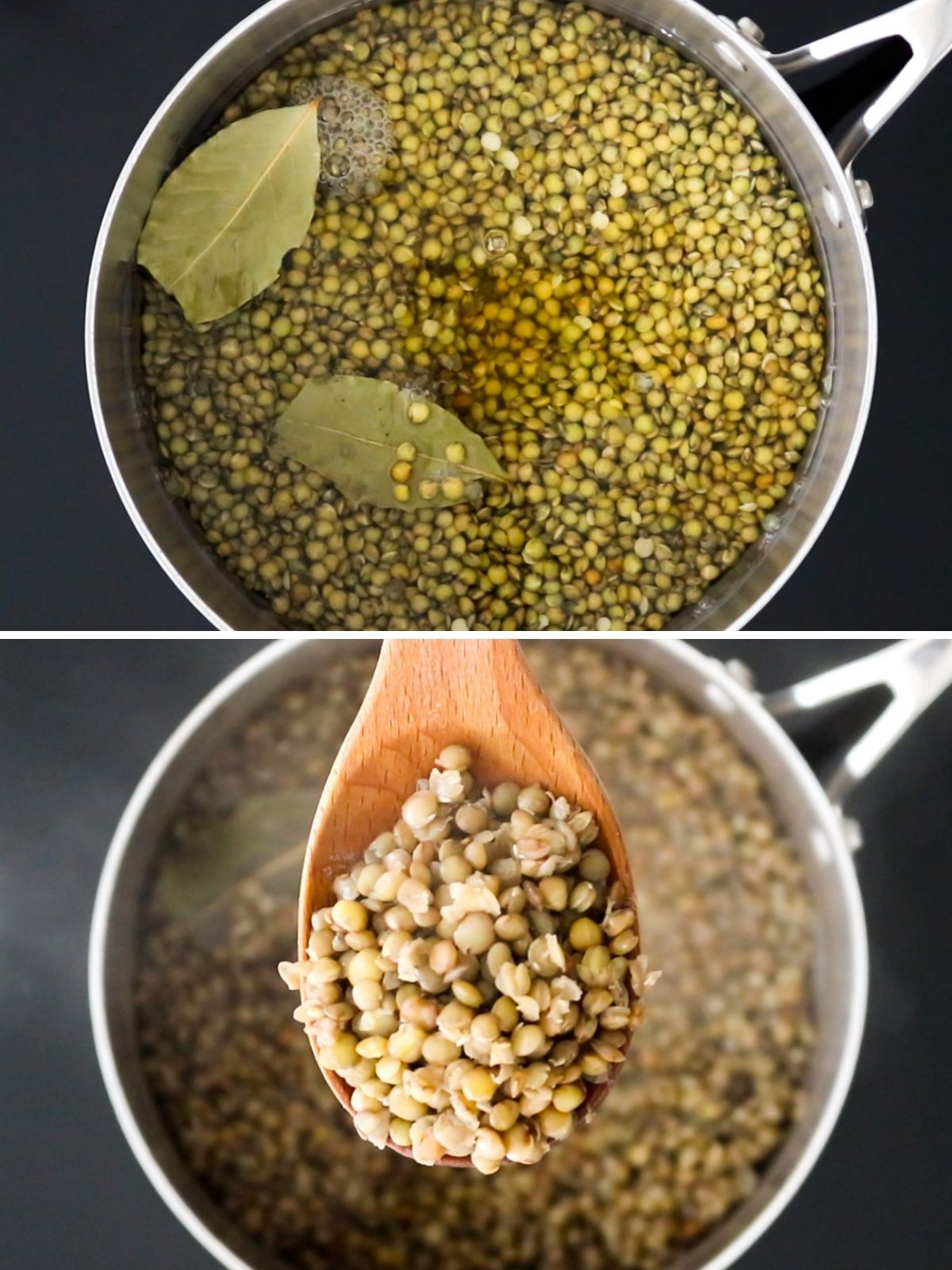 lentilha sendo cozida em uma panela com folhas de louro