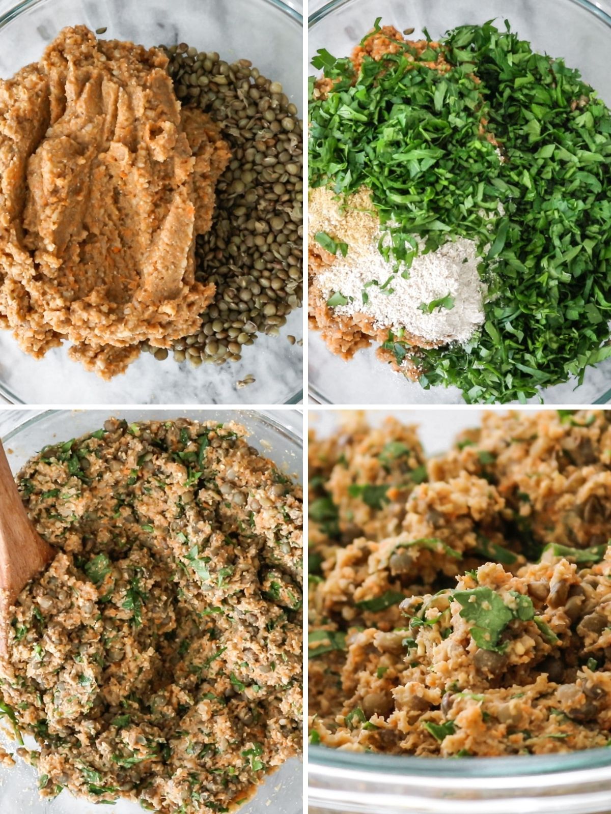 ingredientes sendo misturados em uma vasilha para fazer hambúrguer de lentilha