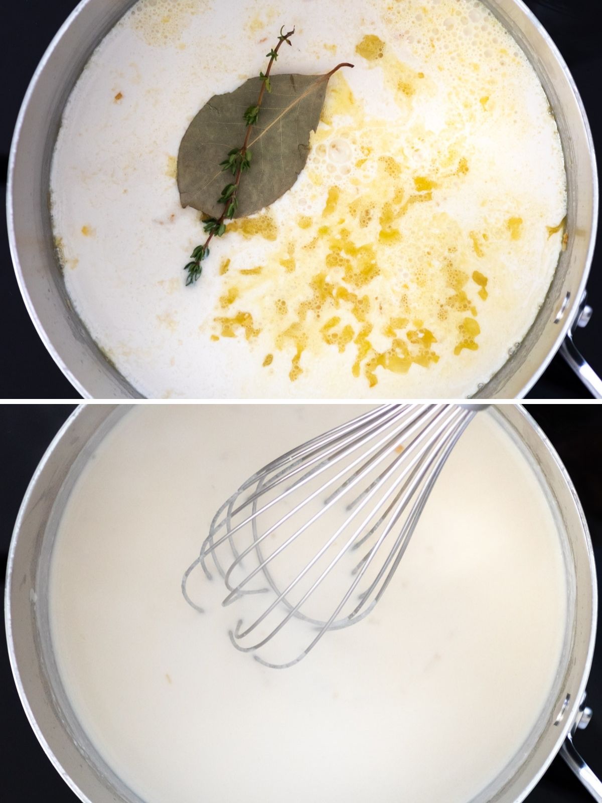 molho branco vegano sendo cozido em uma panela com louro e tomilho fresco