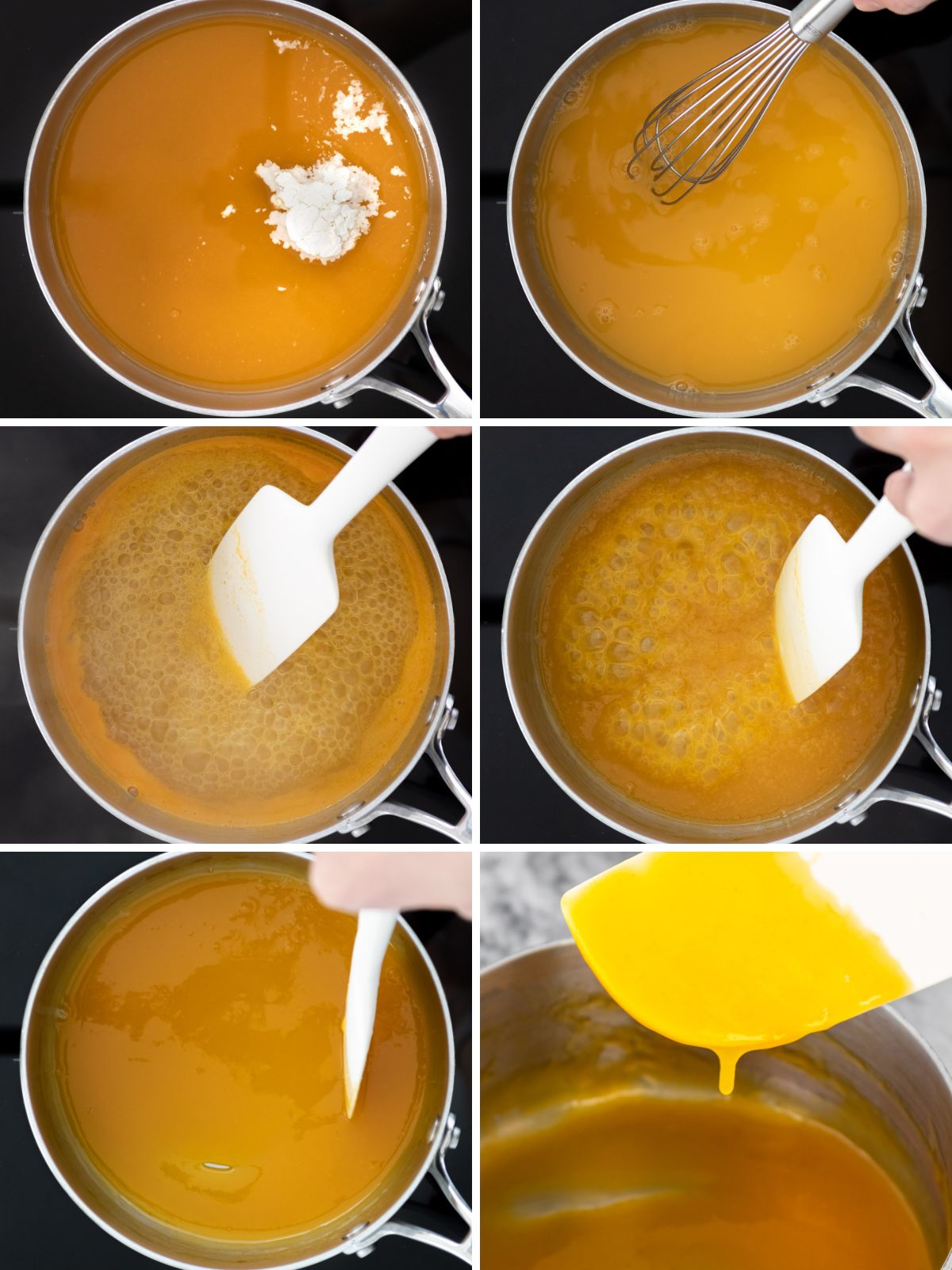 seis imagens mostrando o processo de cozimento, em uma panela, da calda de laranja