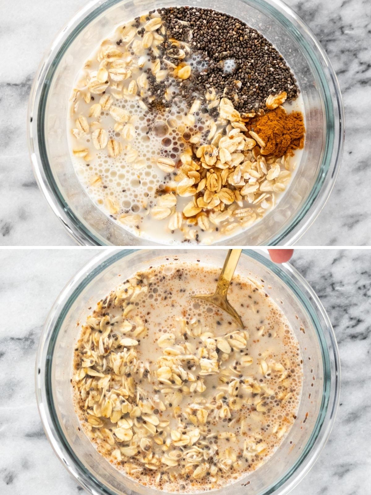 ingredientes do overnight oats básico misturados em um pote
