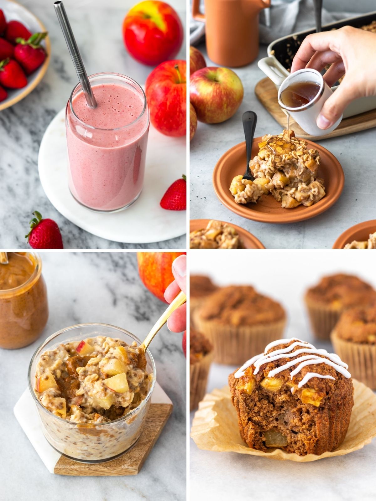 montagem com quatro imagens mostrando receitas com purê de maçã: vitamina, mingau assado, overnight oats e muffin