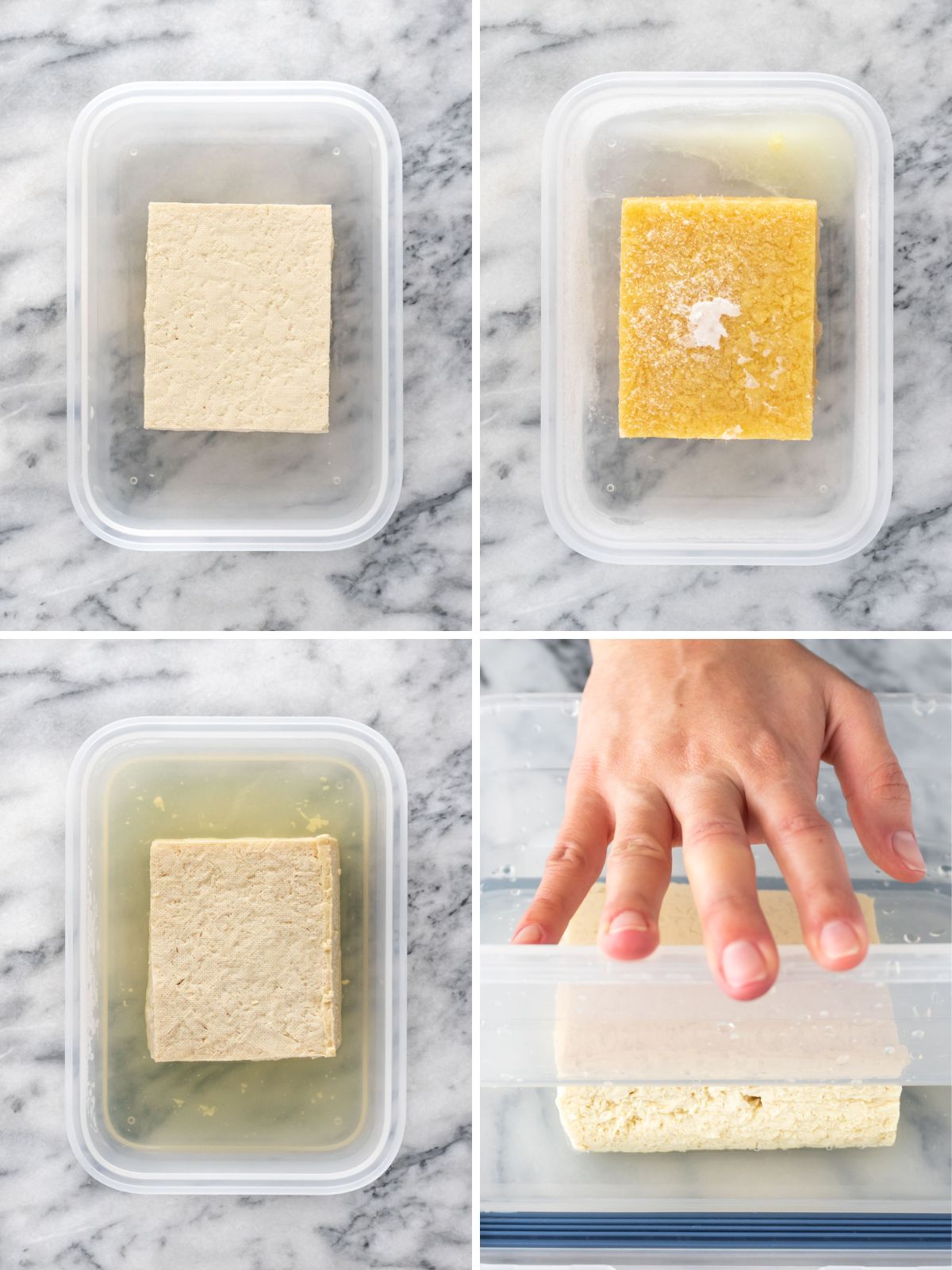 montagem com 4 imagens mostrando um tofu sendo congelado e descongelado dentro de um pote