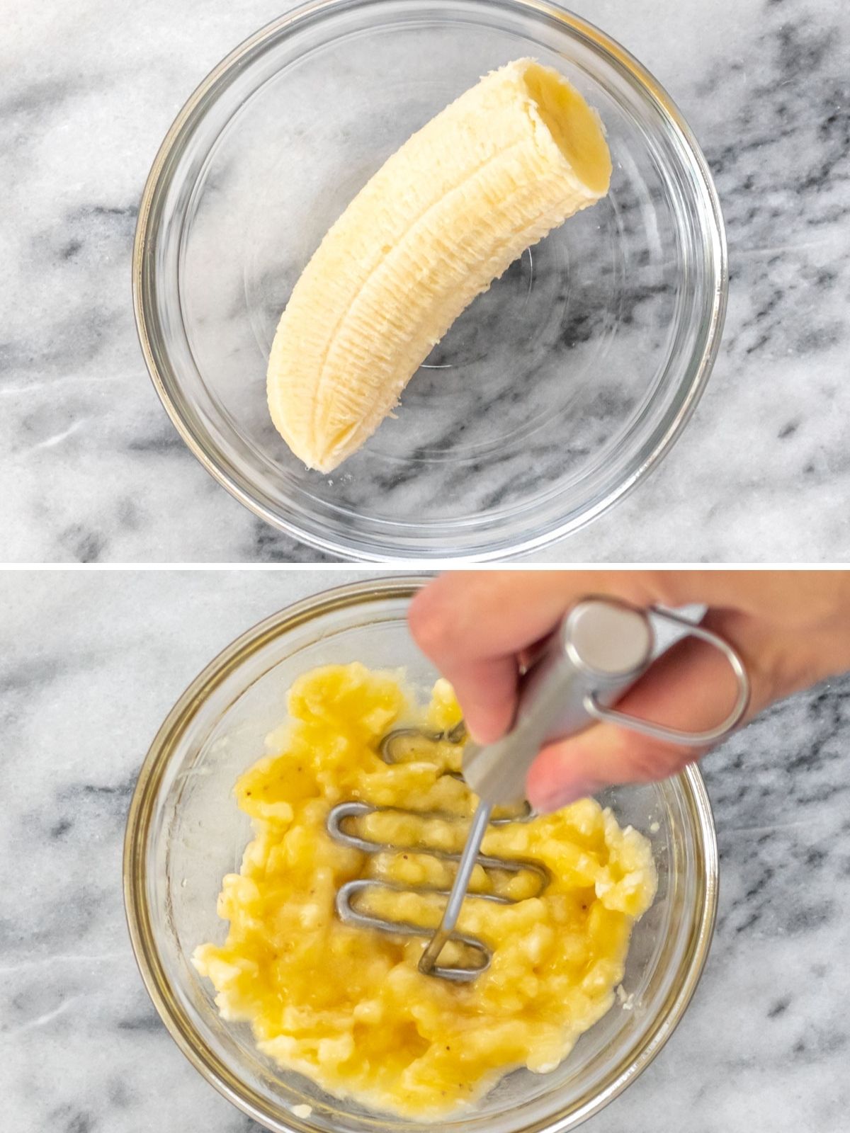 banana sendo amassada dentro de um pote