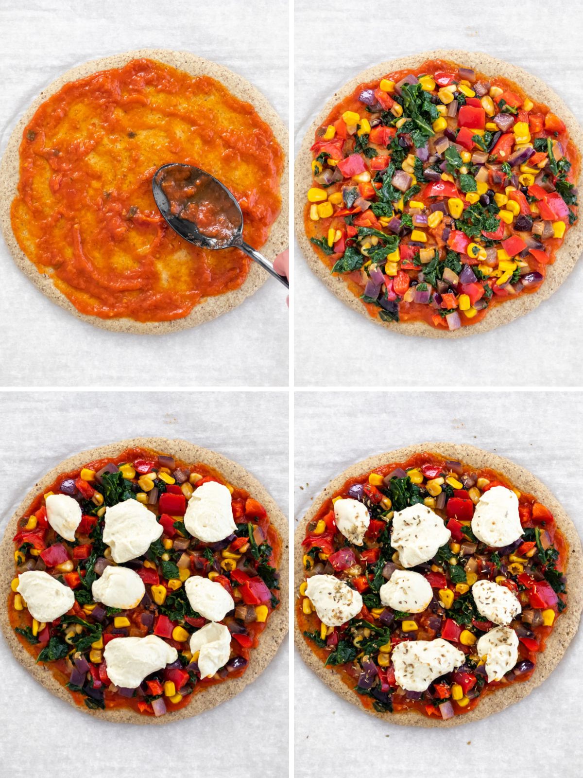 recheios sendo adicionados em cima de uma massa de pizza com base de farinha de aveia