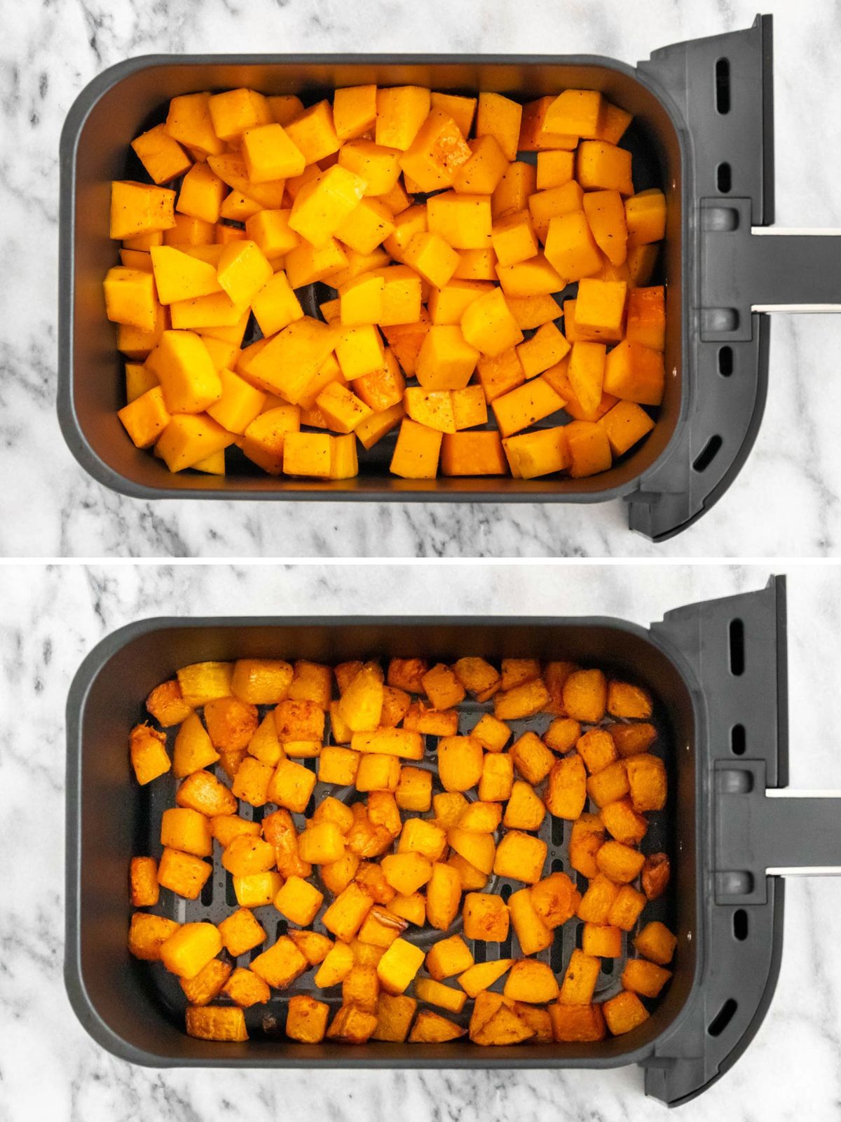 montagem com duas imagens: cubos de abóbora crua temperados dentro do cesto da airfryer (acima), abóbora assada dentro do cesto da airfryer (abaixo)