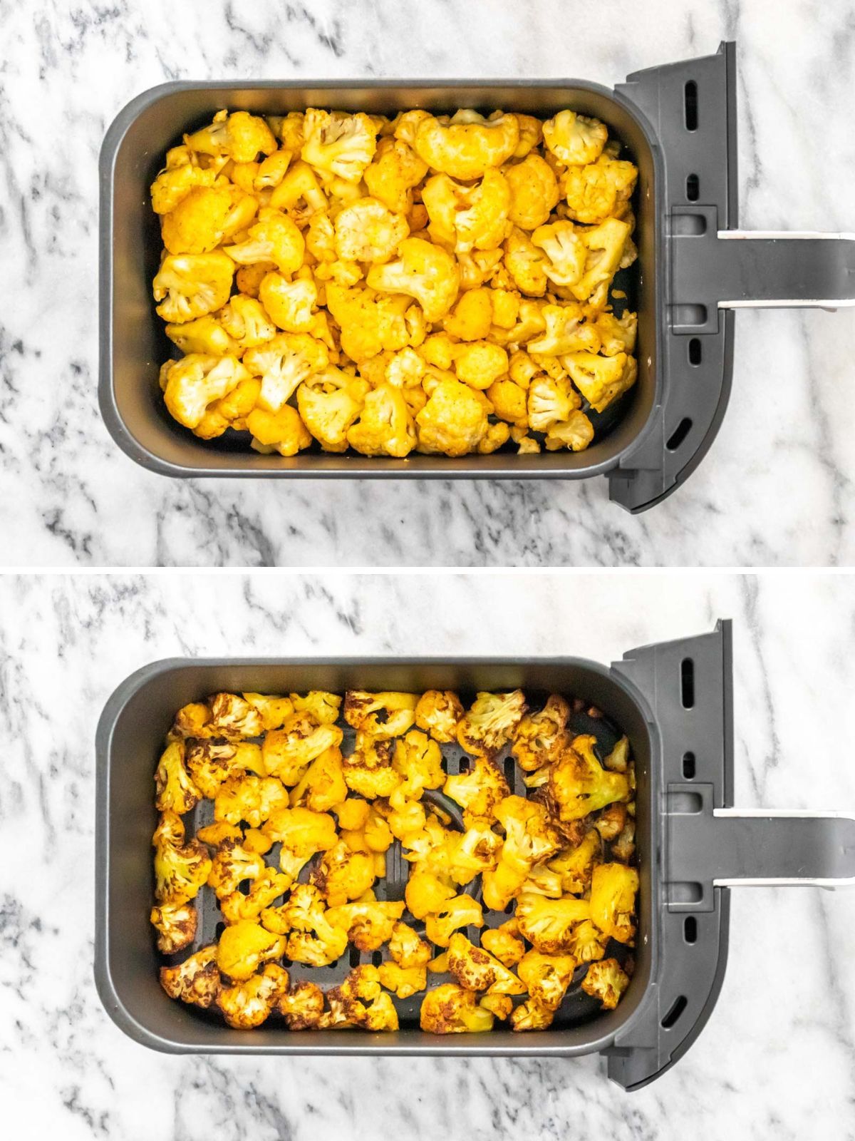montagem com duas imagens: floretes de couve-flor crus temperados dentro do cesto da airfryer (acima), couve-flor assada dentro do cesto da airfryer (abaixo)
