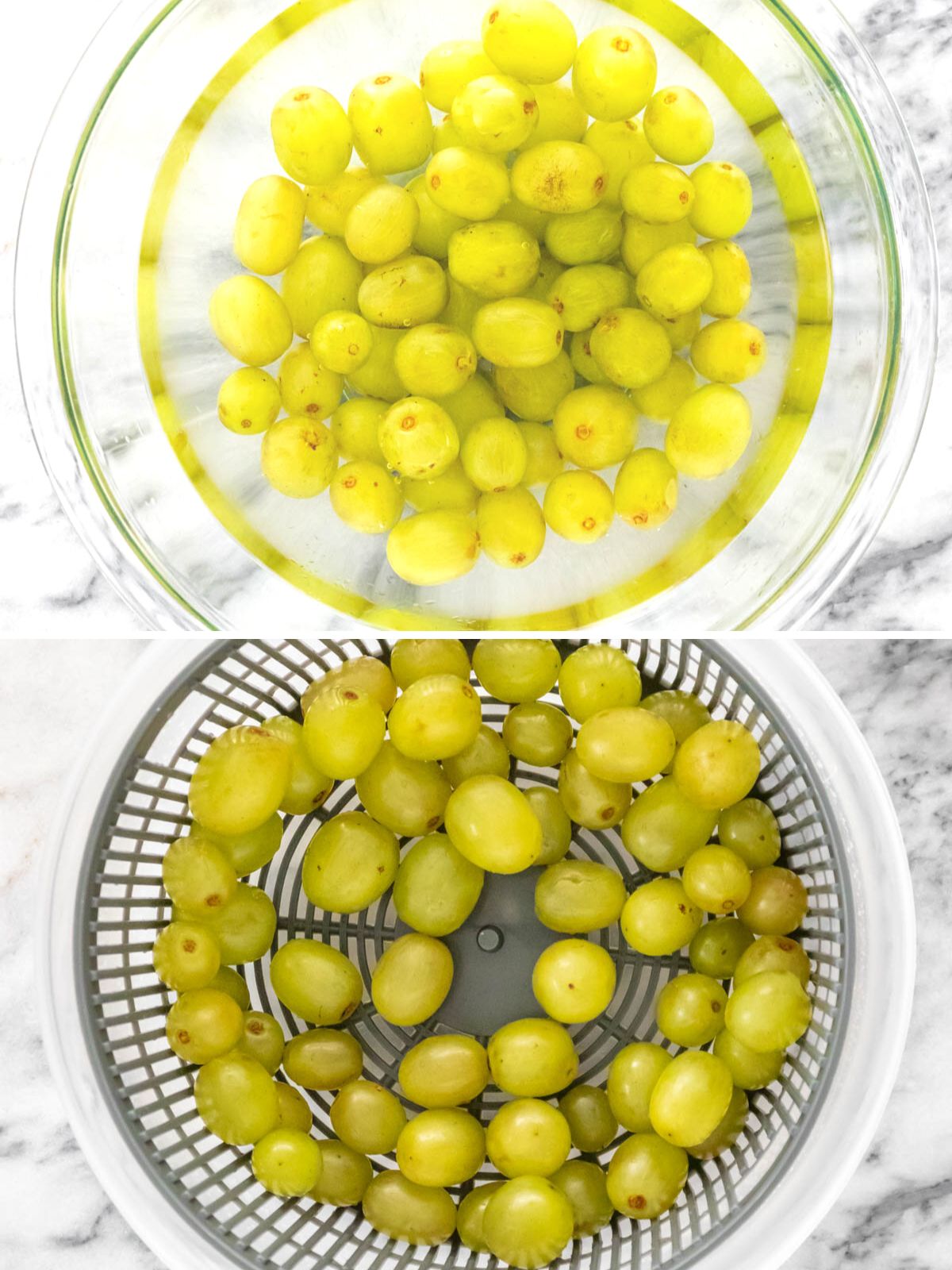 montagem com duas imagens: uvas sendo higienizadas, dentro de uma vasilha, em mistura de água e sanitizante (acima), uvas higienizadas dentro da centrífuga de saladas para secar