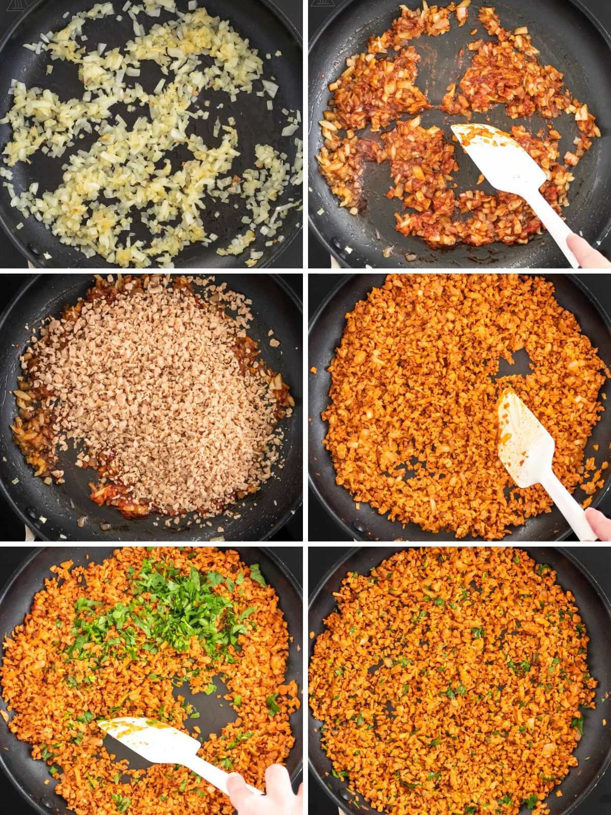 montagem de imagens mostrando o processo de refogar carne de soja em uma frigideira, começando pelo refogado de cebola, depois a cebola é refogada com os temperos secos, depois a pts hidratada é refogada nesses temperos e, por fim, cheiro verde fresco é adicionado e misturado