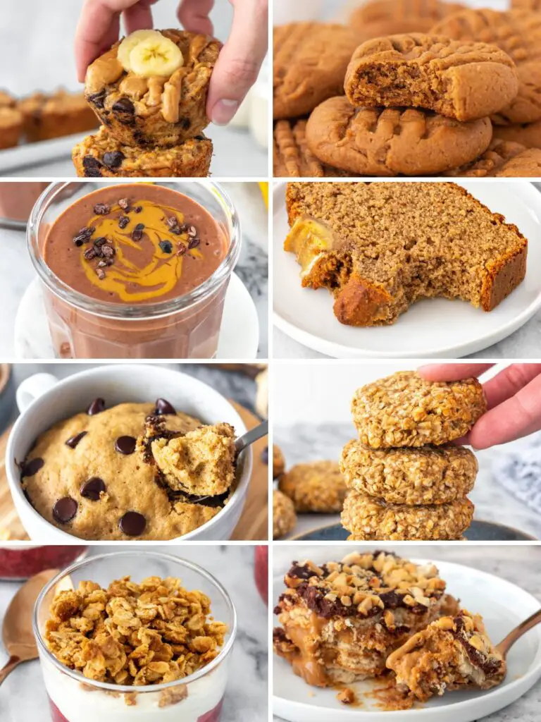 Imagem mostrando oito fotos de receitas que levam a pasta de amendoim como ingrediente: 1) muffin de banana com aveia, 2) cookie de pasta de amendoim, 3) smoothie de chocolate com tofu, 4) bolo de banana sem glúten, 5) bolo de banana de caneca, 6) cookie de aveia simples, 7) granola de pasta de amendoim, 8) pavê de amendoim.
