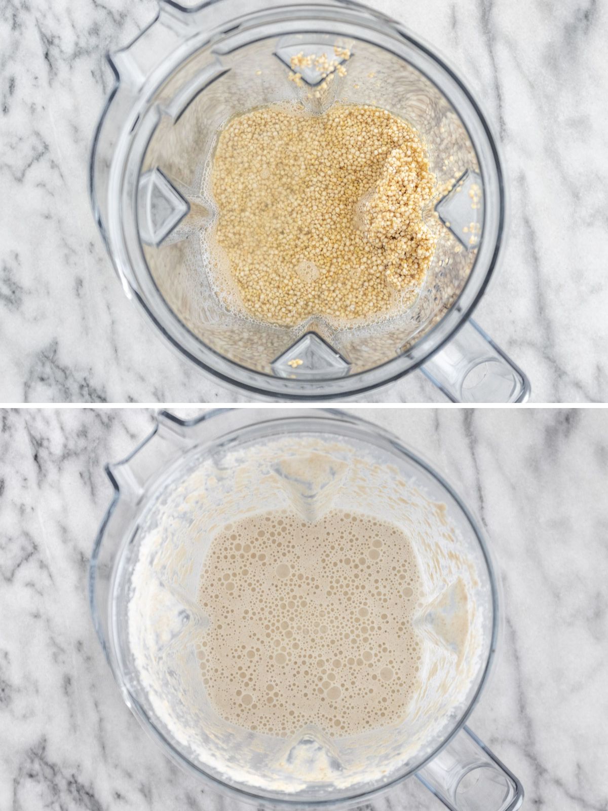 Quinoa hidratada, água e sal em um liquidificador para fazer massa de panqueca de quinoa.