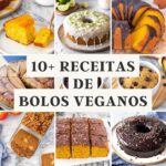 Colagem de imagens mostrando nove diferentes opções de bolos veganos, incluindo bolo de laranja, bolo de coco e limão, bolo de cenoura, bolo de banana, bolo de chocolate de canela, bolo de banana de caneca, bolo de maçã com aveia, bolo de cenoura sem glúten e bolo de chocolate simples.