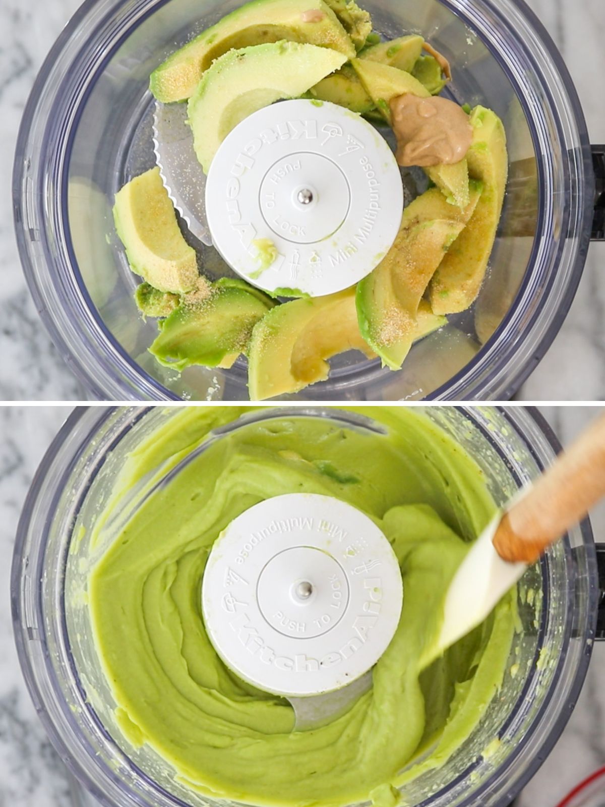 ingredientes para fazer maionese de abacate em um mini processador de alimentos, incluindo avocado, suco de limão, mostarda dijon, sal, alho em pó e pimenta-do-reino moída
