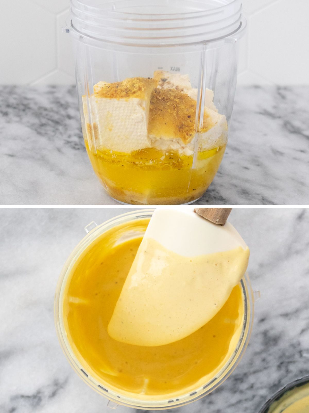 ingredientes para fazer creme de tofu temperado dentro de um copo de liquidificador pequeno