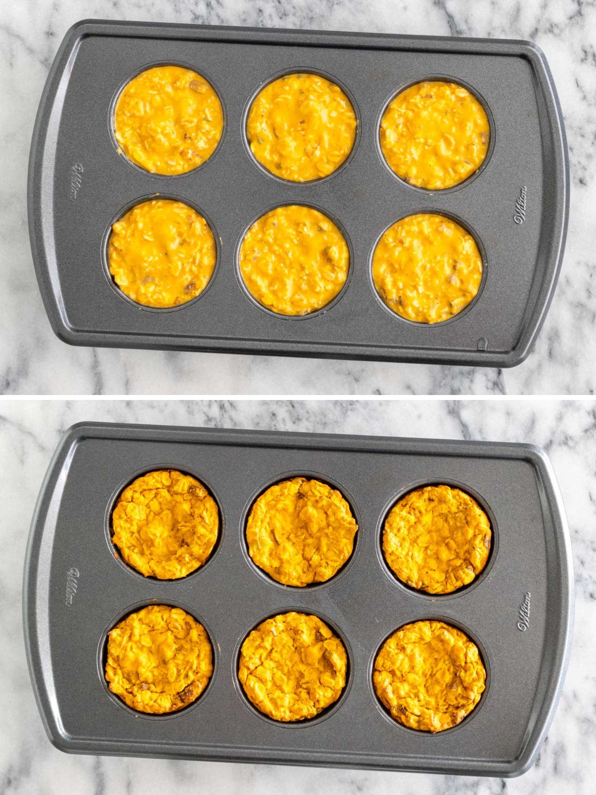 massa de muffins de aveia salgados distribuída em seis cavidades de uma forma de muffin