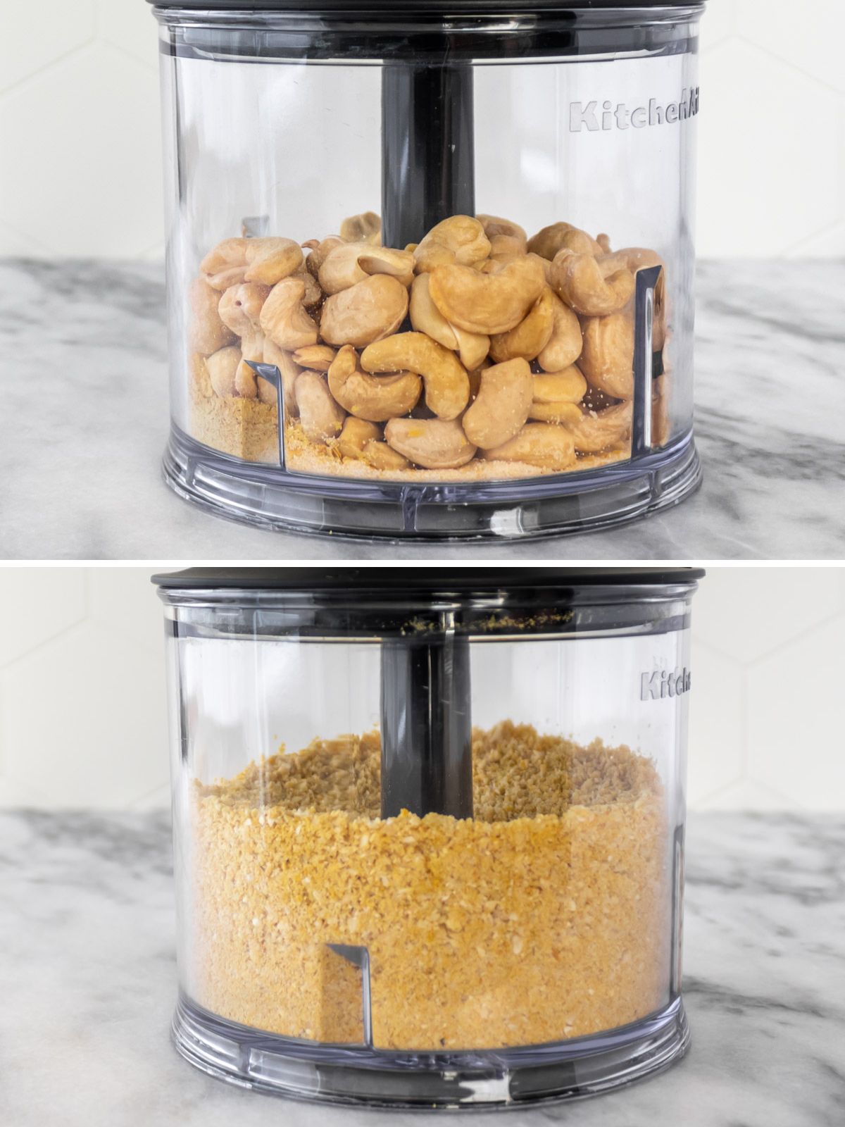 ingredientes para fazer parmesão vegano em um mini processador de alimentos, incluindo castanhas-de-caju cruas, sal, alho em pó e levedura nutricional em flocos
