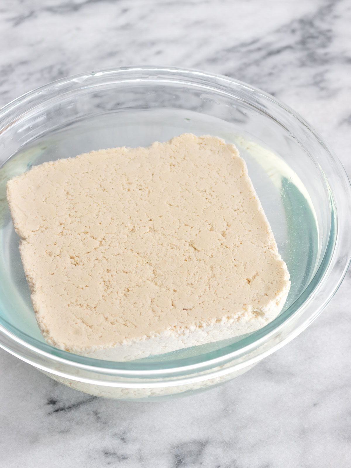 bloco de tofu caseiro dentro de uma vasilha com água gelada