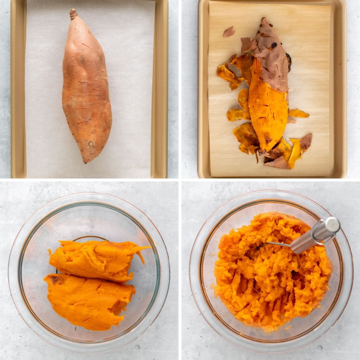 batata-doce laranja assada e sendo amassada em uma tigela