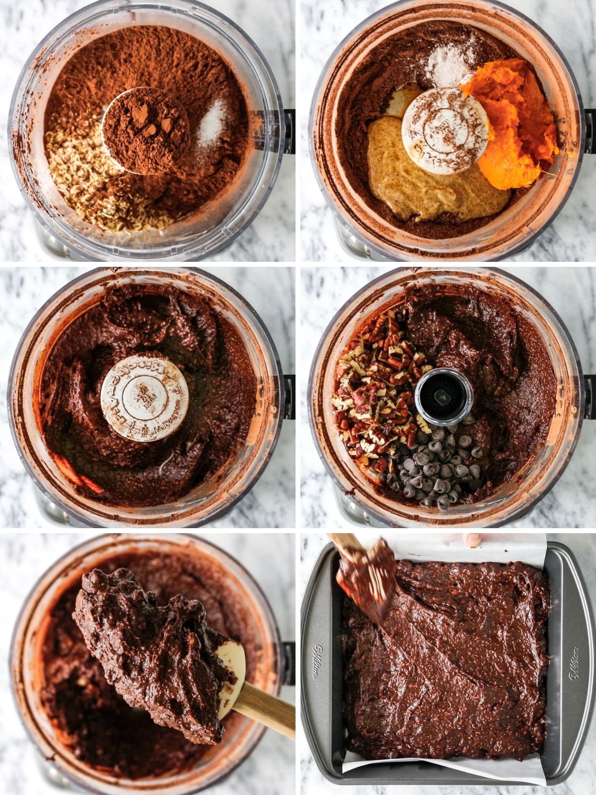 processo para fazer brownie misturando os ingredientes em um processador de alimentos