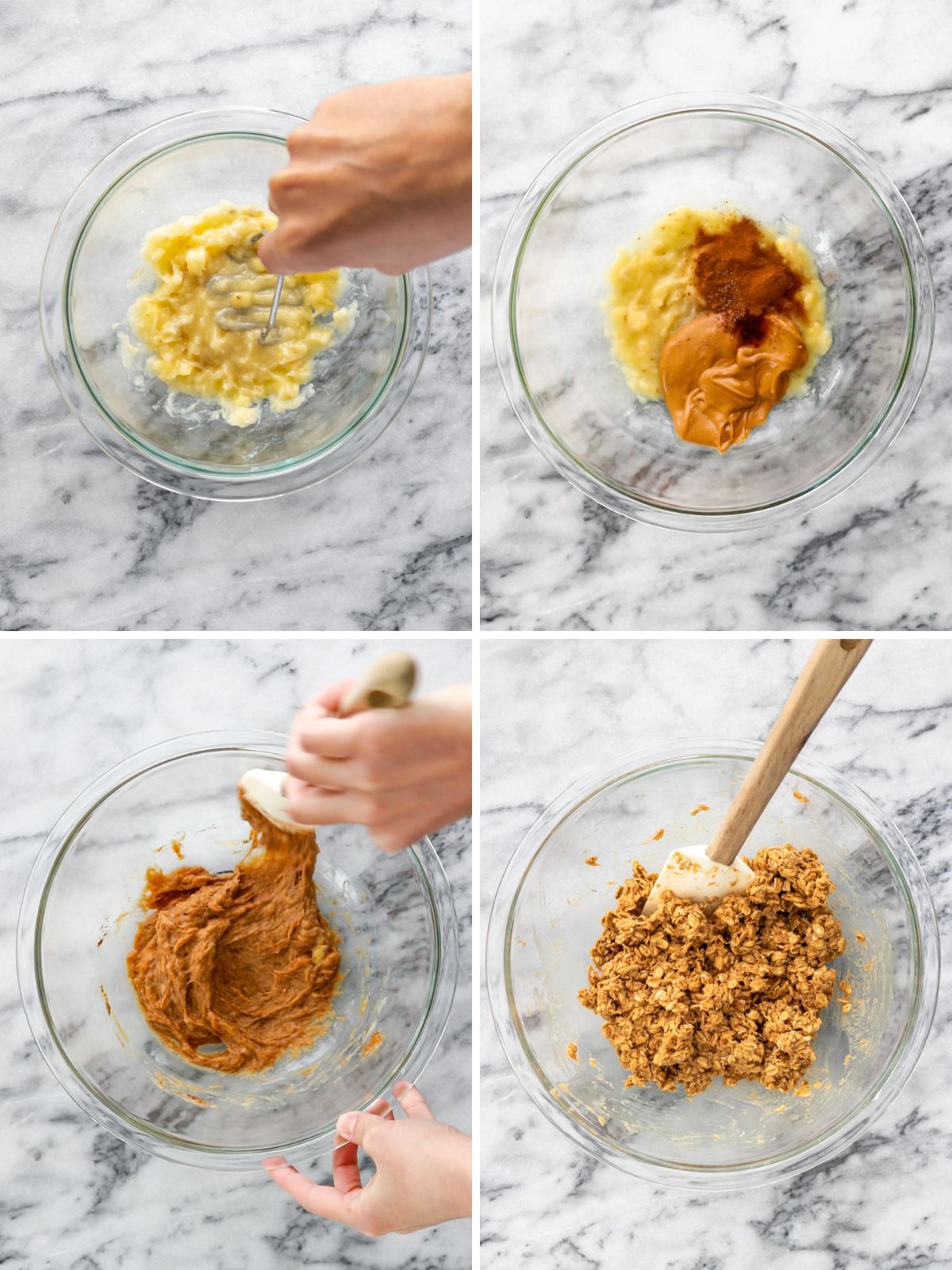 preparo da granola sem açúcar, com a banana sendo amassada e adicionada com a pasta de amendoim e as especiarias, e depois com a aveia em flocos grossos