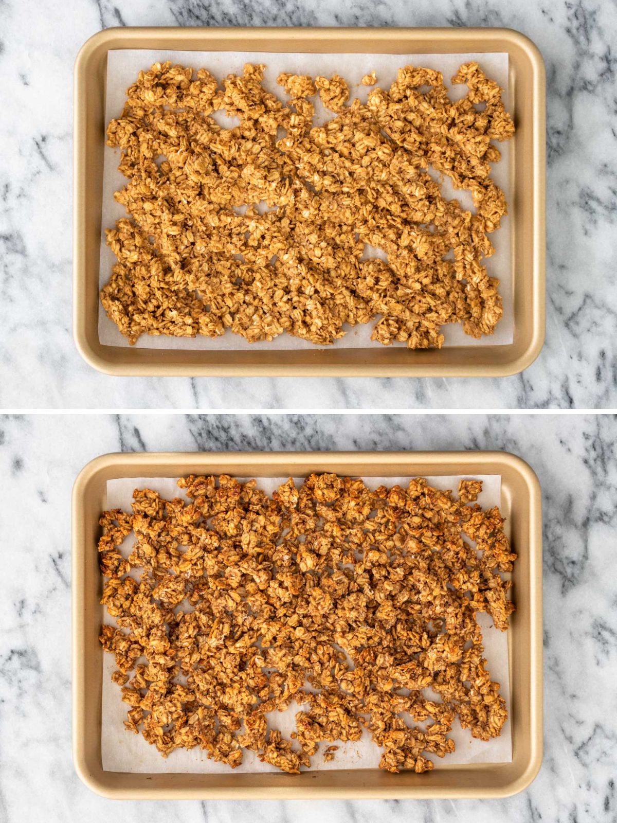 granola de banana em uma assadeira, antes e depois de assar