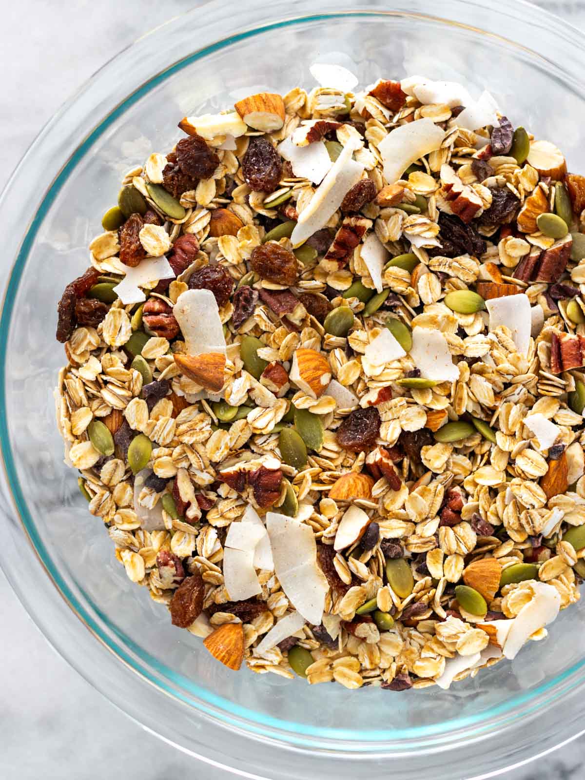 mistura de ingredientes de muesli caseiro em uma vasilha, incluindo aveia em flocos grossos, coco em fitas (coco desidratado), nozes-pecã, amêndoas, sementes de abóbora sem casca, sementes de gergelim, sementes de chia, nibs de cacau e uvas-passas